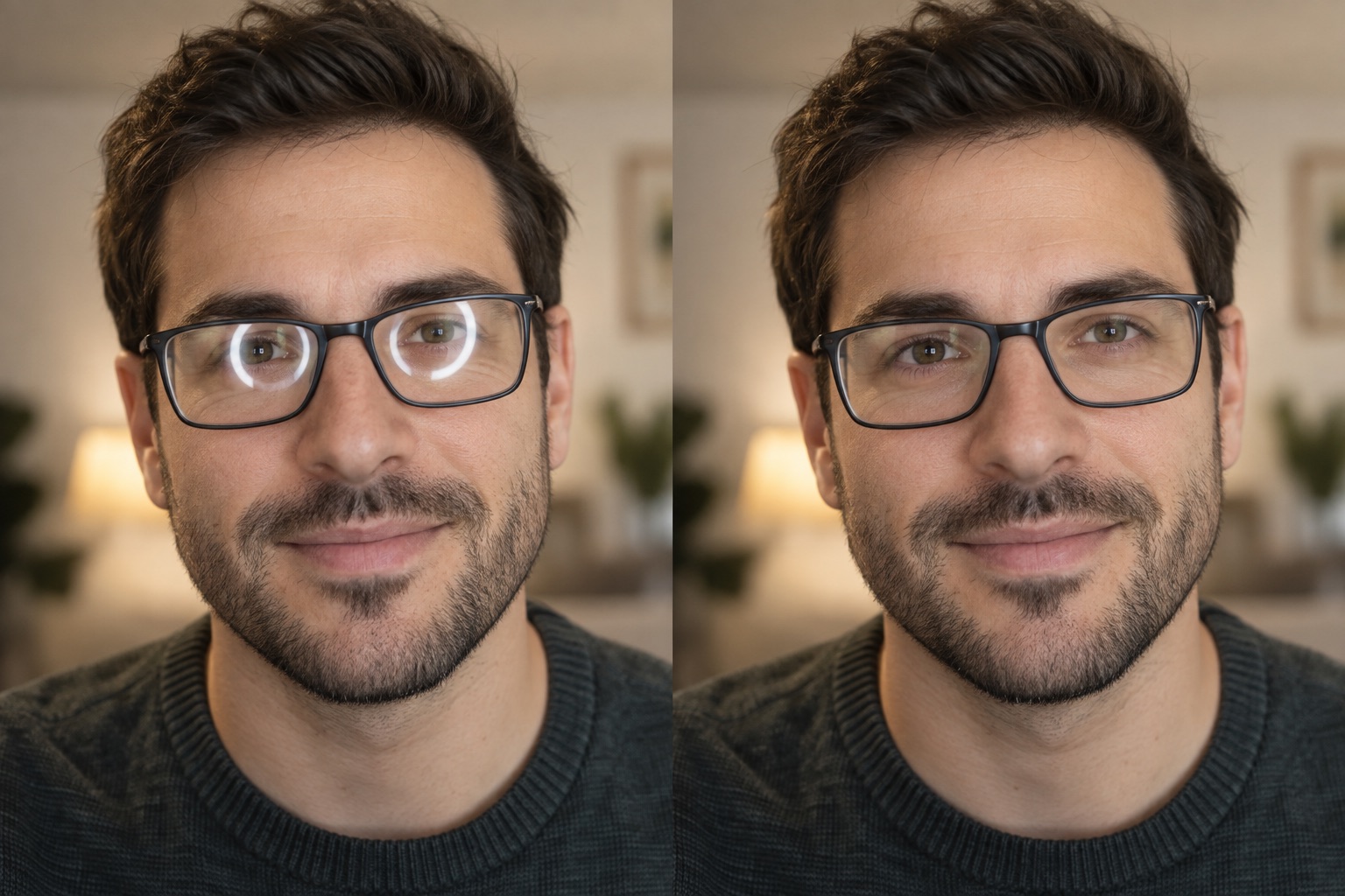 Complete side-by-side before and after example of glasses glare removal
